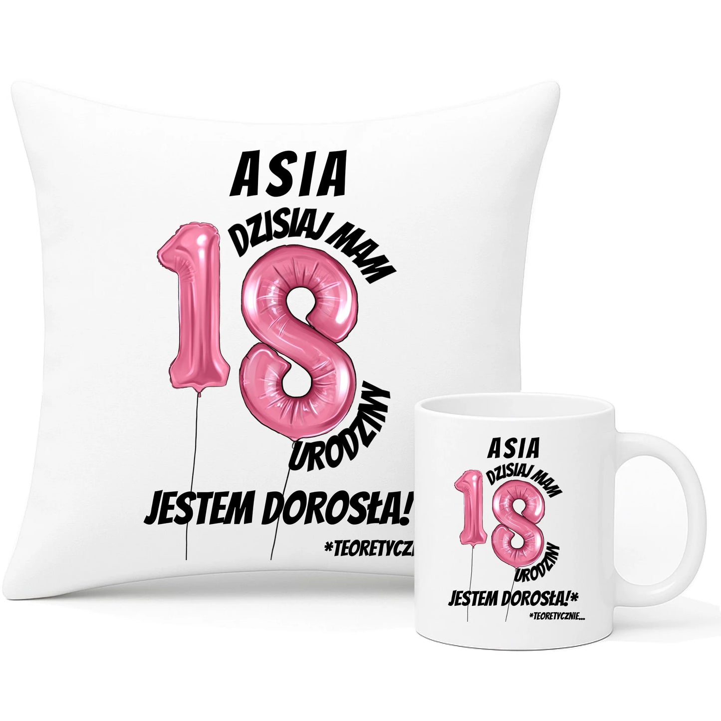 Dzisiaj mam 18. urodziny | Zestaw poduszka i kubek prezent na osiemnastkę U25 - StoryCups.pl
