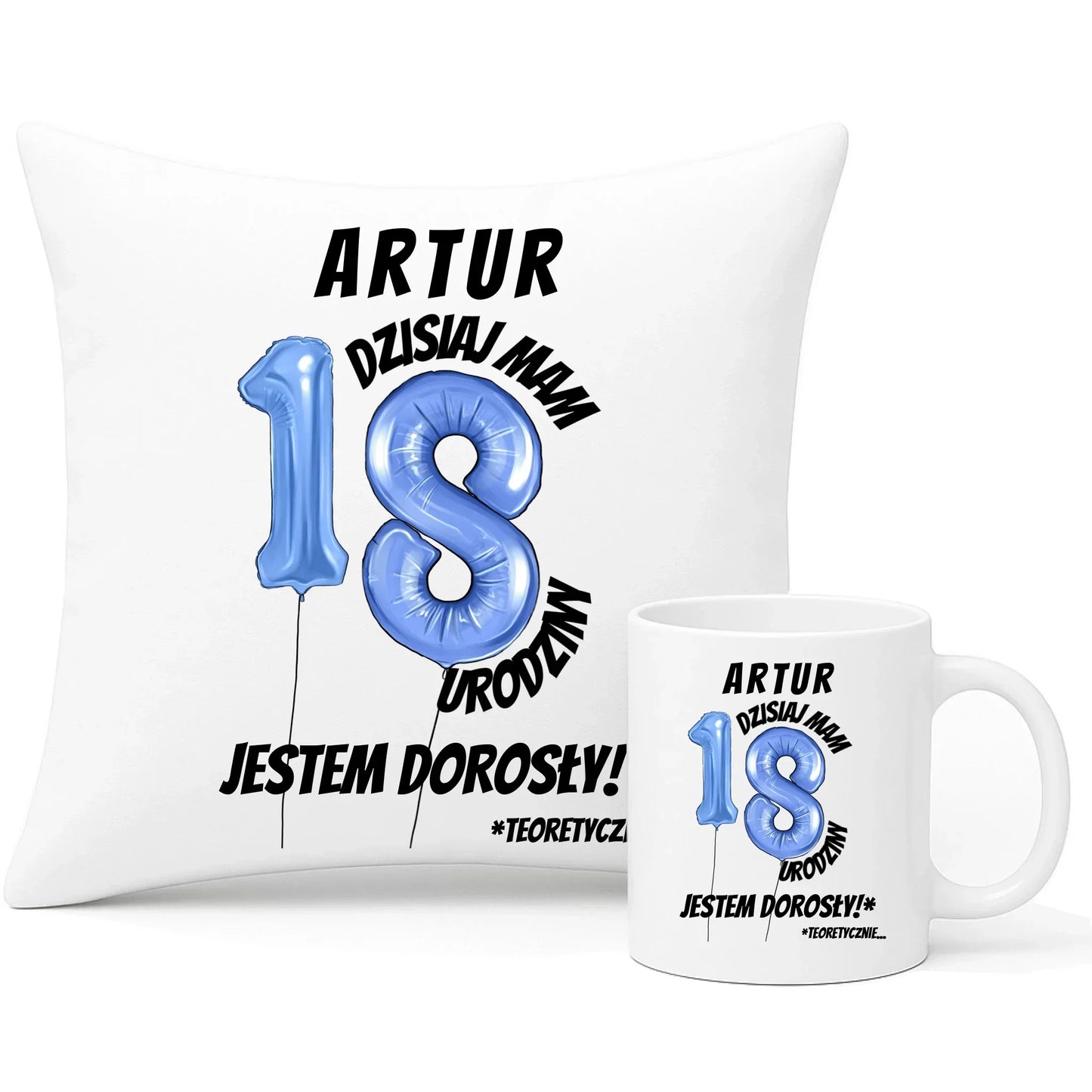Dzisiaj mam 18. urodziny | Zestaw poduszka i kubek prezent na osiemnastkę U27 - StoryCups.pl
