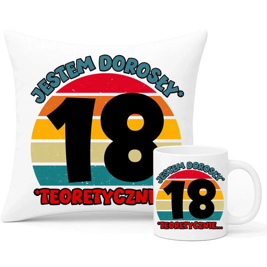 Jestem dorosły 18stka | Zestaw poduszka i kubek prezent na osiemnastkę U07 - StoryCups.pl