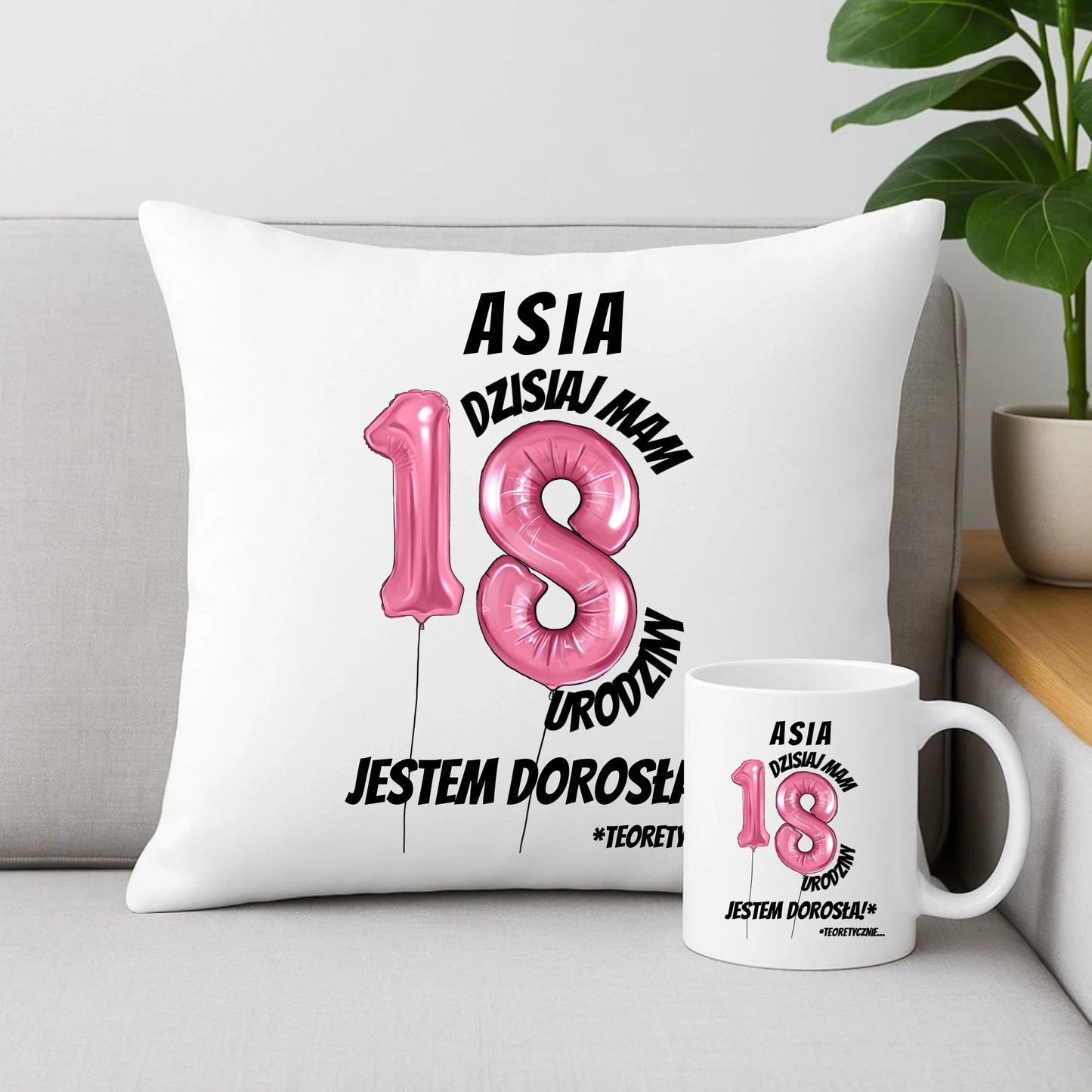 Dzisiaj mam 18. urodziny | Zestaw poduszka i kubek prezent na osiemnastkę U25 - StoryCups.pl