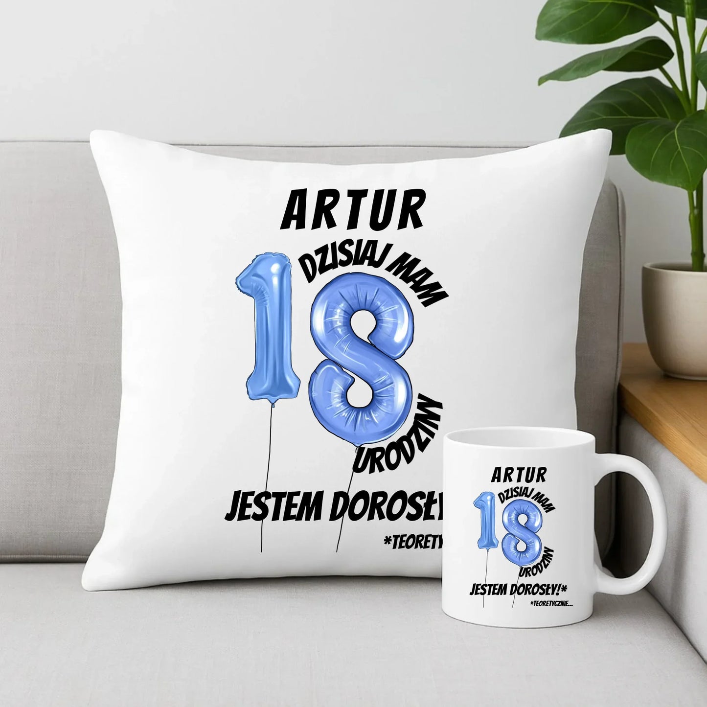 Dzisiaj mam 18. urodziny | Zestaw poduszka i kubek prezent na osiemnastkę U27 - StoryCups.pl