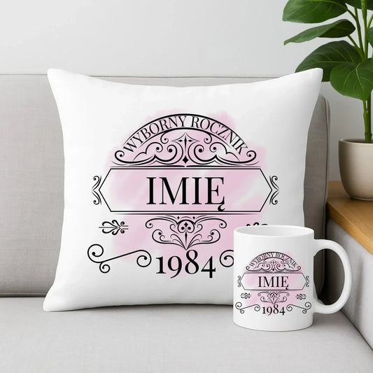 Wyborny rocznik | Personalizowany zestaw poduszka i kubek prezent na urodziny U10 - StoryCups.pl