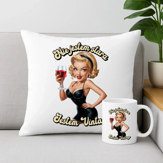 Nie jestem stara jestem vintage | Zestaw poduszka i kubek na urodziny U05 - StoryCups.pl