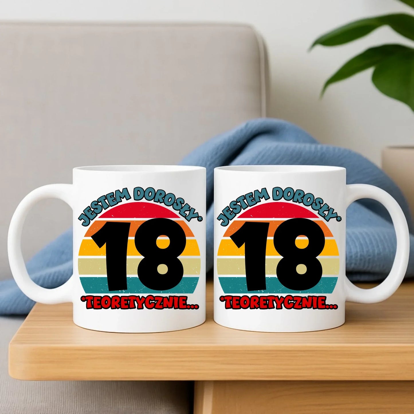 Jestem dorosły 18stka | Zestaw poduszka i kubek prezent na osiemnastkę U07 - StoryCups.pl