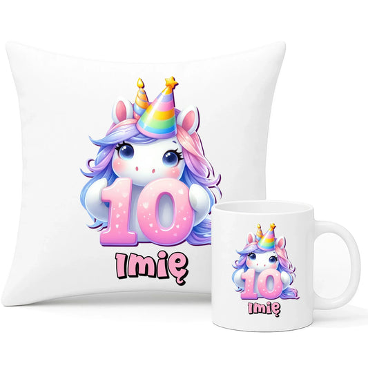 Jednorożec | Zestaw poduszka i kubek na 10. urodziny dla dziewczynki U54 - StoryCups.pl