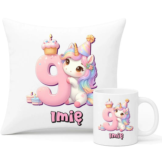 Jednorożec | Zestaw poduszka i kubek na 9. urodziny dla dziewczynki U53 - StoryCups.pl
