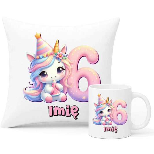 Jednorożec | Zestaw poduszka i kubek na 6. urodziny dla dziewczynki U50 - StoryCups.pl