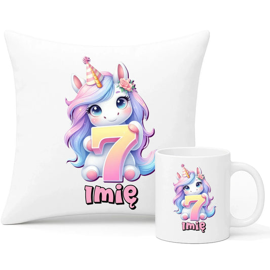 Jednorożec | Zestaw poduszka i kubek na 7. urodziny dla dziewczynki U51 - StoryCups.pl