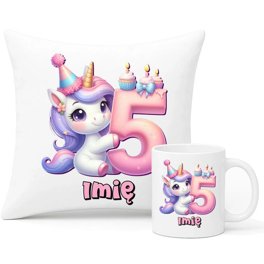 Jednorożec | Zestaw poduszka i kubek na 5. urodziny dla dziewczynki U49 - StoryCups.pl