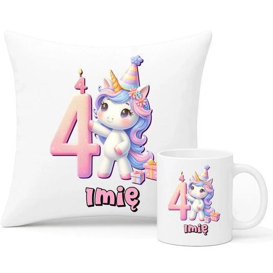 Jednorożec | Zestaw poduszka i kubek na 4. urodziny dla dziewczynki U48 - StoryCups.pl