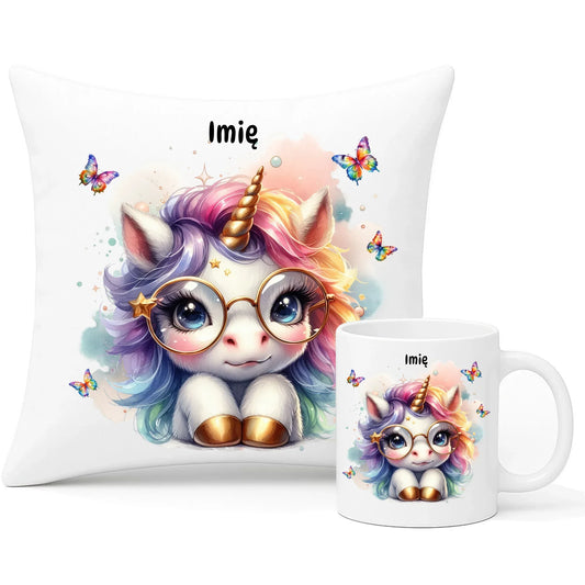 Jednorożec ze złotym rogiem | Zestaw poduszka i kubek dla dziecka DD13 - StoryCups.pl