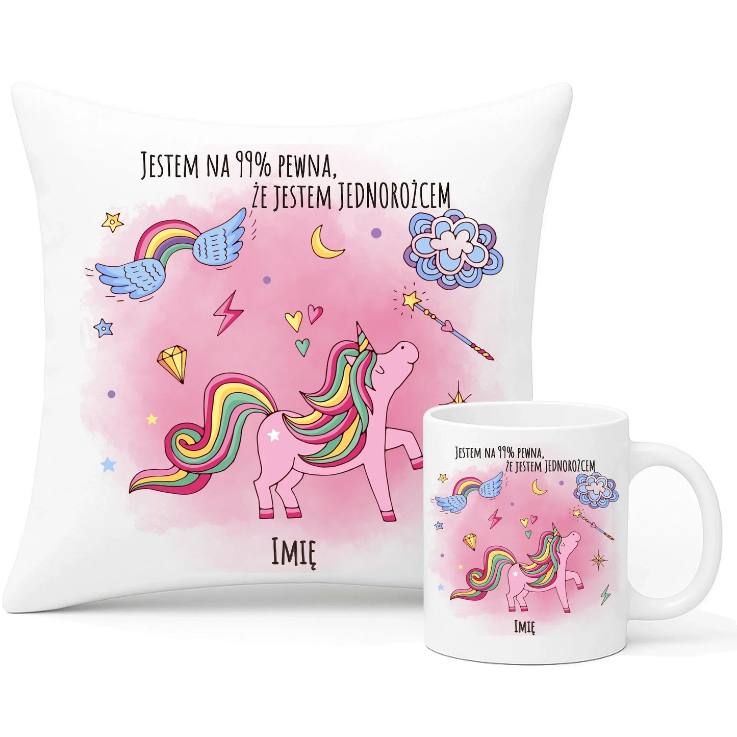 Na 99% jestem jednorożcem | Zestaw poduszka i kubek dla dziecka DD12 - StoryCups.pl