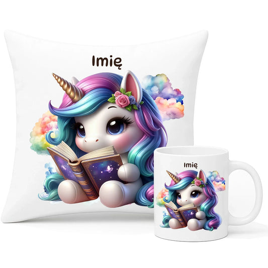 Jednorożec z książką | Zestaw poduszka i kubek dla dziecka DD09 - StoryCups.pl