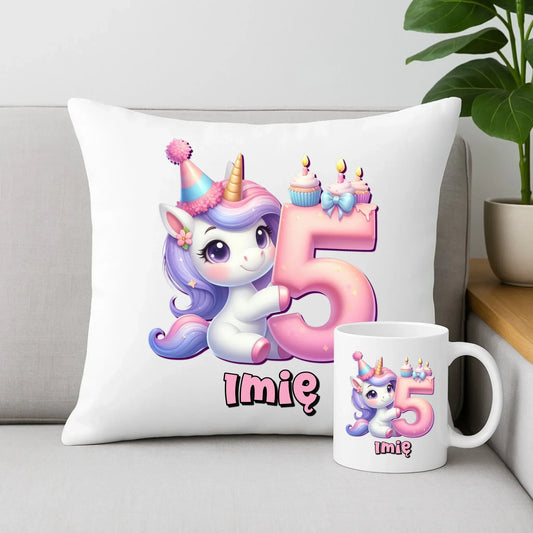 Jednorożec | Zestaw poduszka i kubek na 5. urodziny dla dziewczynki U49 - StoryCups.pl