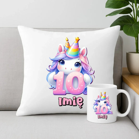 Jednorożec | Zestaw poduszka i kubek na 10. urodziny dla dziewczynki U54 - StoryCups.pl