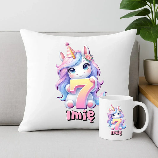 Jednorożec | Zestaw poduszka i kubek na 7. urodziny dla dziewczynki U51 - StoryCups.pl