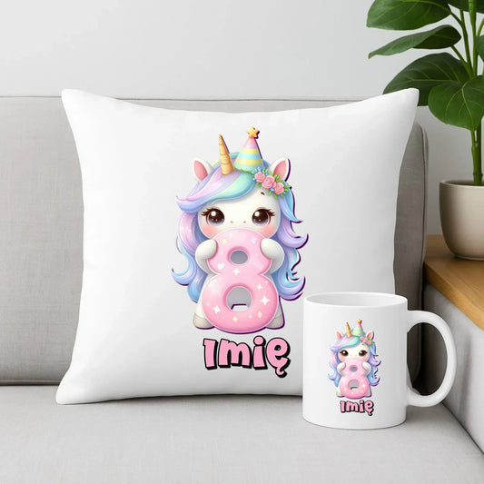 Jednorożec | Zestaw poduszka i kubek na 8. urodziny dla dziewczynki U52 - StoryCups.pl