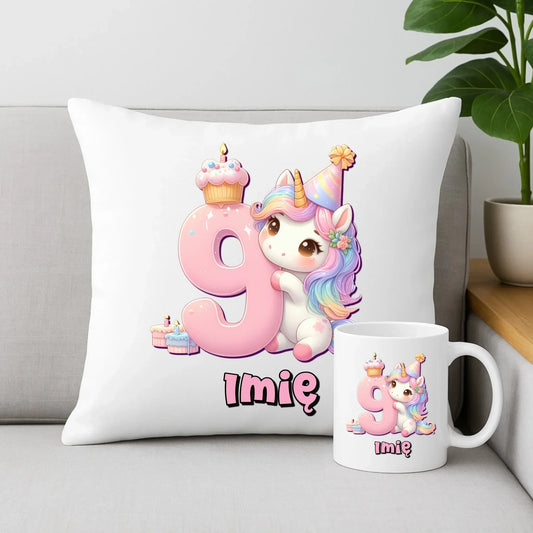 Jednorożec | Zestaw poduszka i kubek na 9. urodziny dla dziewczynki U53 - StoryCups.pl