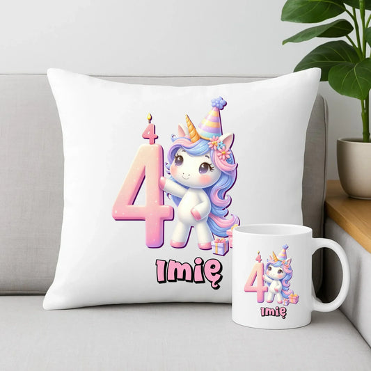 Jednorożec | Zestaw poduszka i kubek na 4. urodziny dla dziewczynki U48 - StoryCups.pl