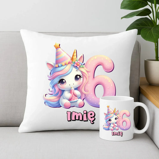 Jednorożec | Zestaw poduszka i kubek na 6. urodziny dla dziewczynki U50 - StoryCups.pl