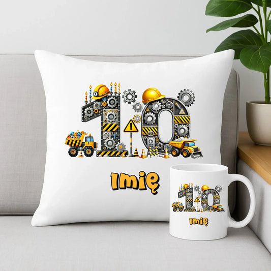 Koparka, konstrukcja | Zestaw poduszka i kubek na 10. urodziny dla chłopca U44 - StoryCups.pl