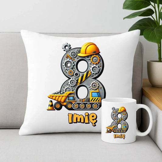 Koparka, konstrukcja | Zestaw poduszka i kubek na 8. urodziny dla chłopca U42 - StoryCups.pl