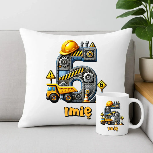 Koparka, konstrukcja | Zestaw poduszka i kubek na 6. urodziny dla chłopca U40 - StoryCups.pl