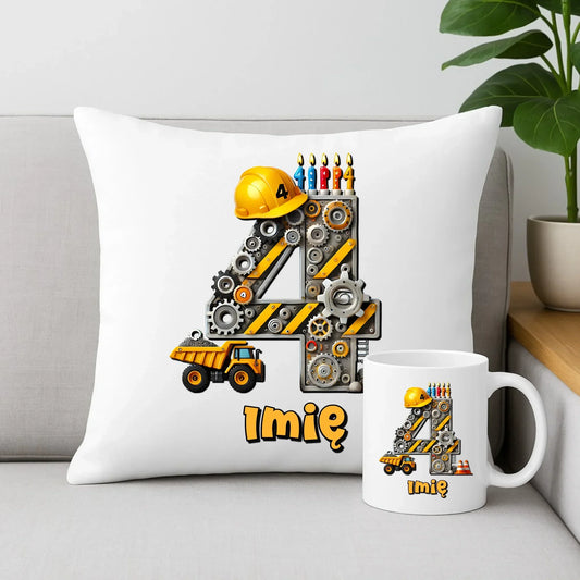 Koparka, konstrukcja | Zestaw poduszka i kubek na 4. urodziny dla chłopca U38 - StoryCups.pl