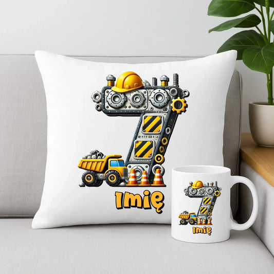 Koparka, konstrukcja | Zestaw poduszka i kubek na 7. urodziny dla chłopca U41 - StoryCups.pl