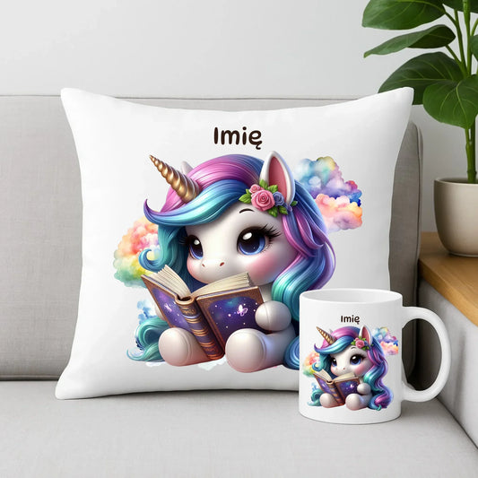 Jednorożec z książką | Zestaw poduszka i kubek dla dziecka DD09 - StoryCups.pl