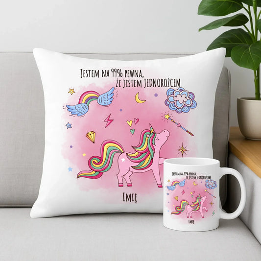 Na 99% jestem jednorożcem | Zestaw poduszka i kubek dla dziecka DD12 - StoryCups.pl