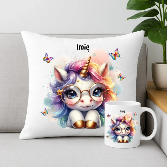 Jednorożec ze złotym rogiem | Zestaw poduszka i kubek dla dziecka DD13 - StoryCups.pl