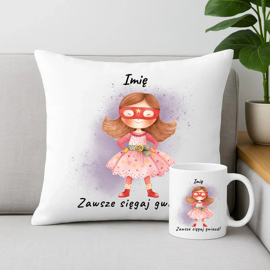 Zawsze sięgaj gwiazd | Zestaw poduszka i kubek dla dziewczynki DD07 - StoryCups.pl
