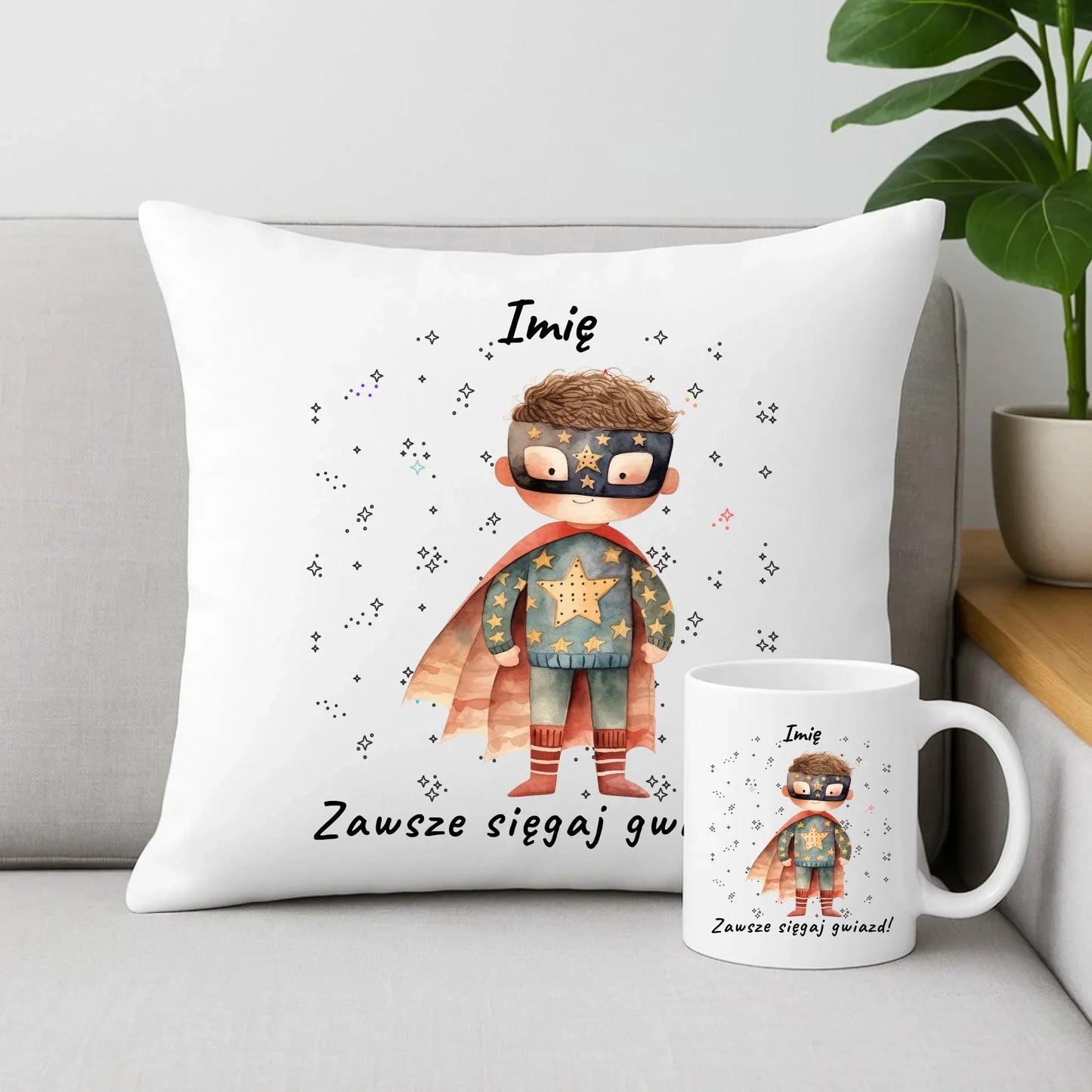 Zawsze sięgaj gwiazd | Zestaw poduszka i kubek dla dziecka DD06 - StoryCups.pl
