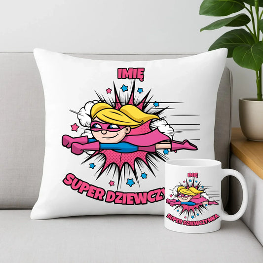 Super Dziewczynka | Zestaw poduszka i kubek dla dziecka DD17 - StoryCups.pl
