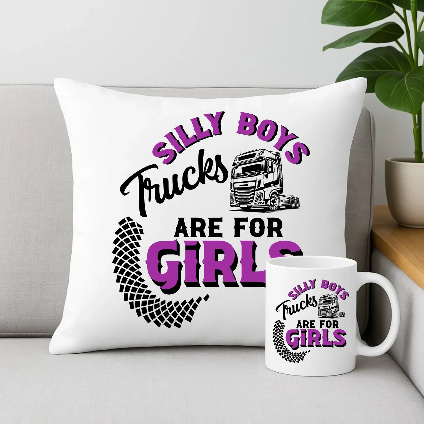 Silly boys trucks are for girls | Zestaw poduszka i kubek dla kierowcy tira ZKT11 - StoryCups.pl
