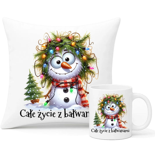 Całe życie z bałwanami | Świąteczny zestaw poduszka i kubek BN125 - StoryCups.pl