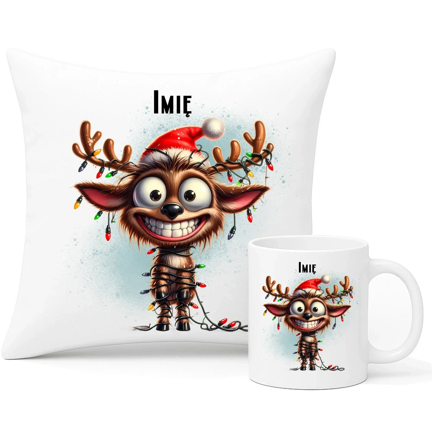 Renifer | Personalizowany zestaw świąteczny poduszka i kubek BN93 - StoryCups.pl