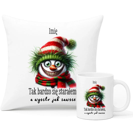 Tak bardzo się starałem | Spersonalizowany świąteczny zestaw poduszka i kubek z imieniem BN120 - StoryCups.pl