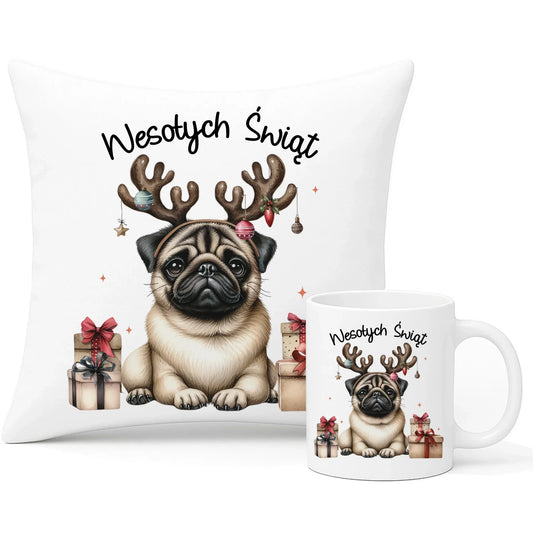 Mops Wesołych Świąt | Świąteczny zestaw poduszka i kubek BN91 - StoryCups.pl