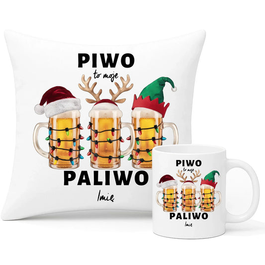 Piwo to moje paliwo | Personalizowany świąteczny zestaw poduszka i kubek BN119 - StoryCups.pl