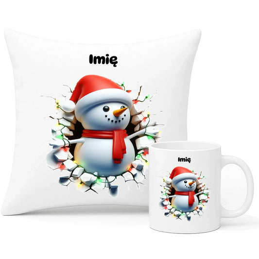 Bałwanek 3D | Personalizowany zestaw świąteczny poduszka i kubek BN82 - StoryCups.pl