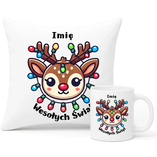 Renifer Wesołych Świąt | Personalizowany zestaw świąteczny poduszka i kubek BN72 - StoryCups.pl