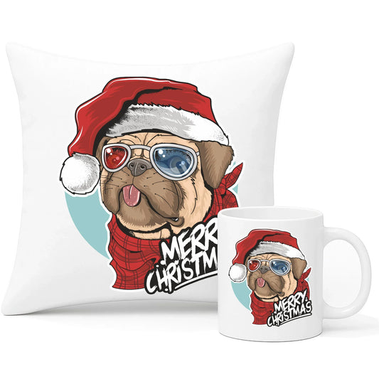 Merry Christmas | Świąteczny zestaw poduszka i kubek z mopsem BN62 - StoryCups.pl