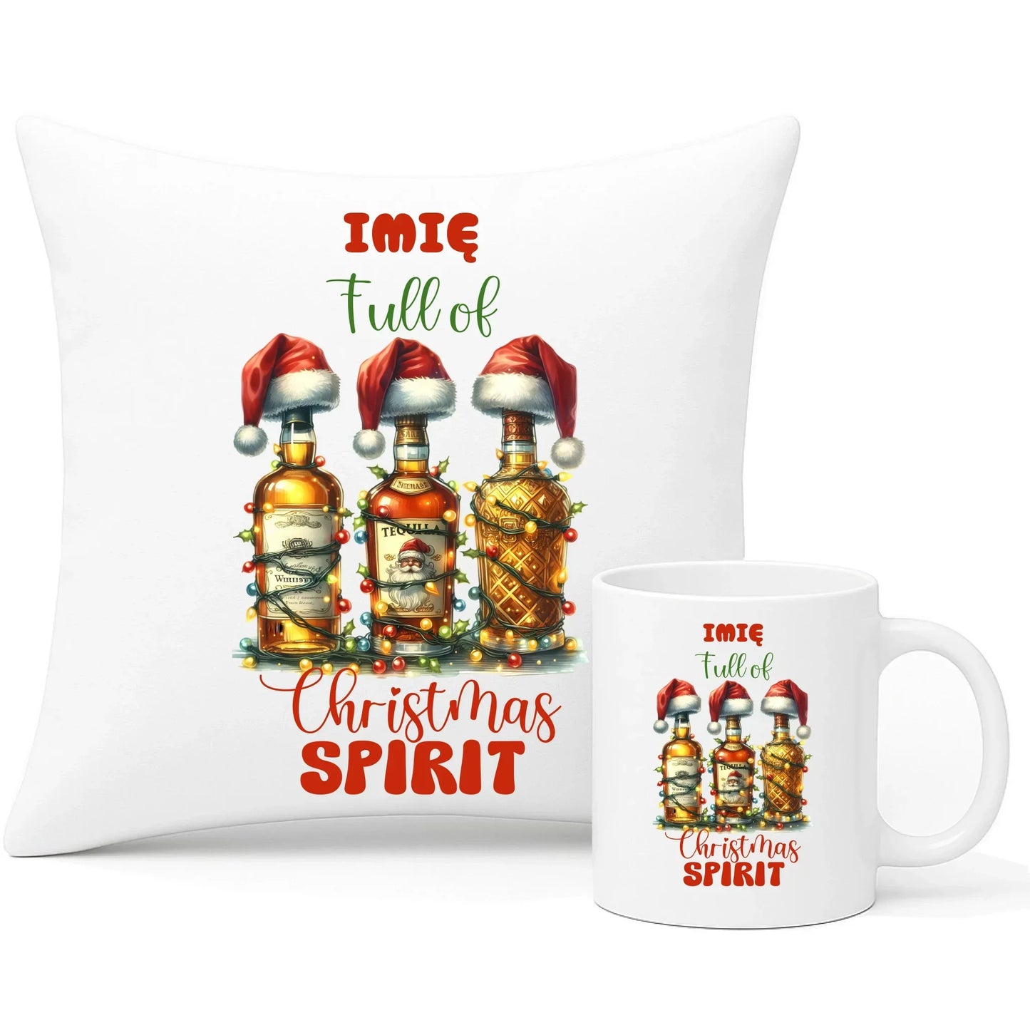 Pełen świątecznego ducha | Personalizowany zestaw świąteczny poduszka i kubek BN69 - StoryCups.pl