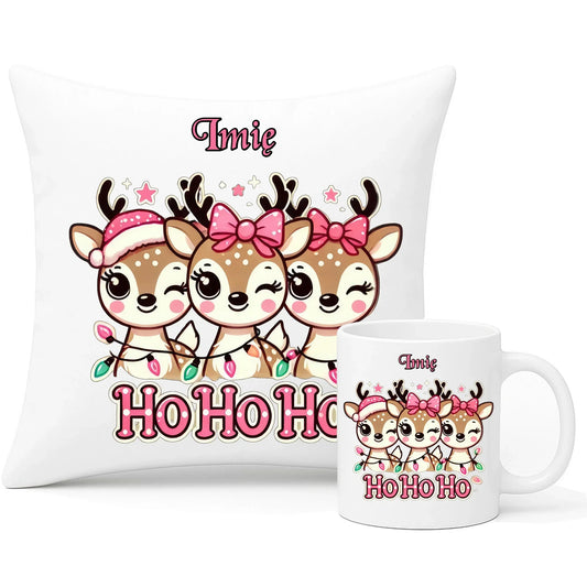 Ho ho ho reniferki | Świąteczny zestaw poduszka i kubek z imieniem BN49 - StoryCups.pl