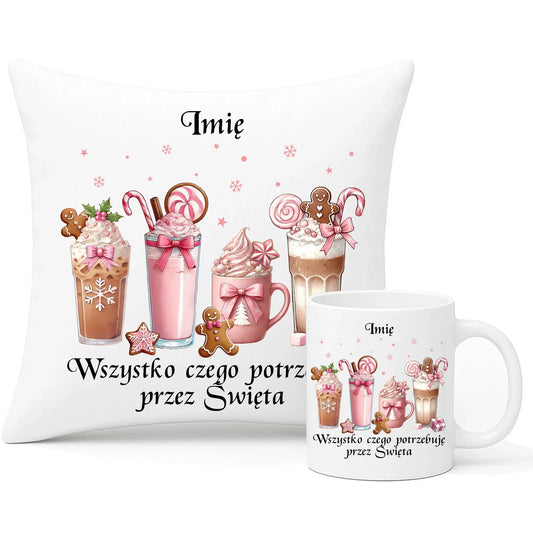 Wszystko czego potrzebuję przez Święta | Zestaw poduszka i kubek na święta BN46 - StoryCups.pl