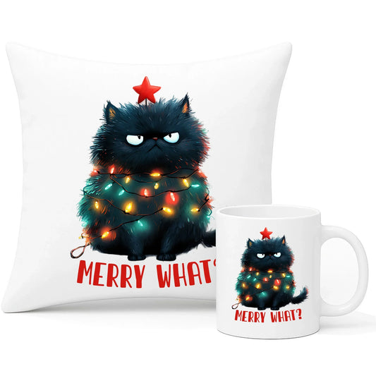 Merry what? | Świąteczny zestaw poduszka i kubek BN37 - StoryCups.pl