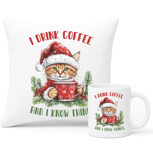 I drink coffee and I know things | Świąteczny zestaw poduszka i kubek BN39 - StoryCups.pl