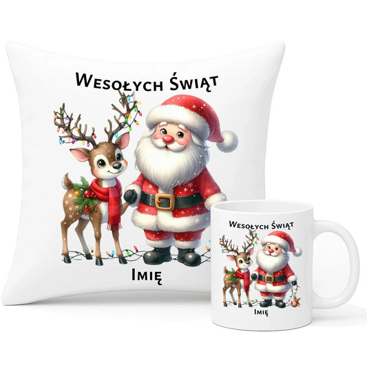 Mikołaj i renifer | Personalizowany świąteczny zestaw poduszka i kubek BN09 - StoryCups.pl